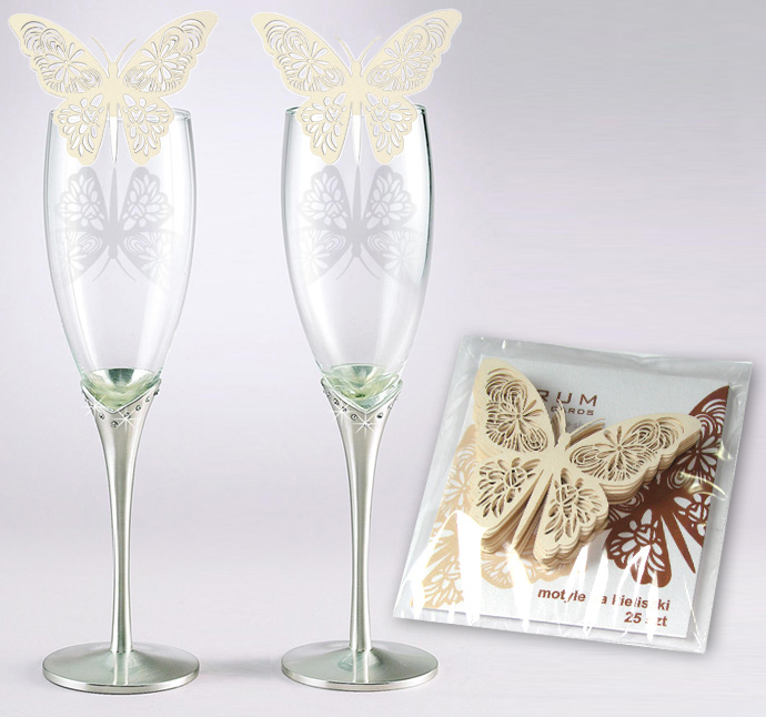 Dekoracja weselna, laserowe motylki na kieliszki