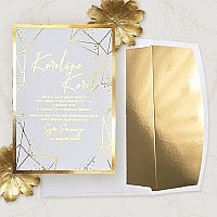 Zaproszenia ślubne F1503 Wysokiej jakości papier, złoty nadruk, złote wypełnienie koperty