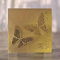 Zaproszenia ślubne F1485rg Papier barwiony w masie, rustykalne złoto, ażurowe wycięcie laserowe