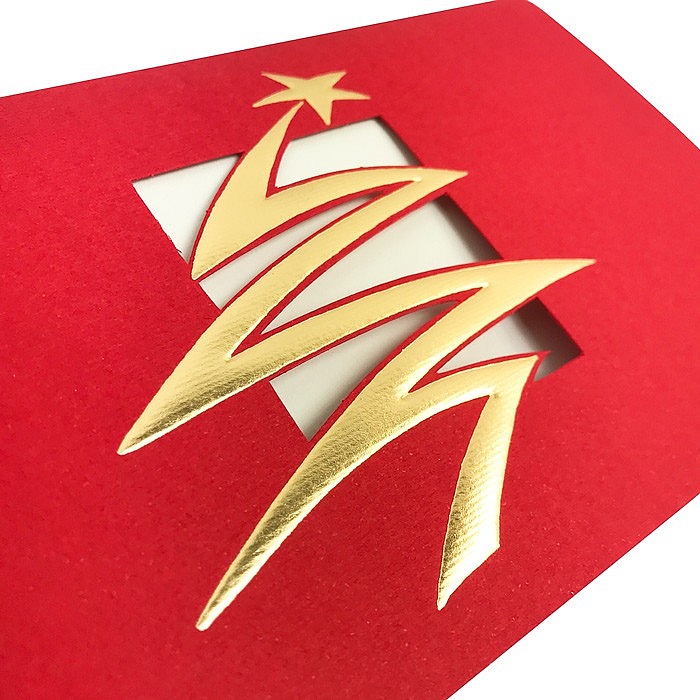 Kartka świąteczna z życzeniami Czerwona wycinana laserem ze złoceniem i tłoczeniem