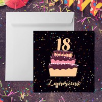 Zaproszenie na 18-ste urodziny Czarne, urodzinowy tort
