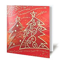 Kartka świąteczna z życzeniami Czerwona ze złoconymi i tłoczonymi choinkami