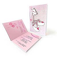 Zaproszenia na urodziny 04.505.14871.1 Różowe buciki dziecięca, aplikacja plastikowy smoczek
