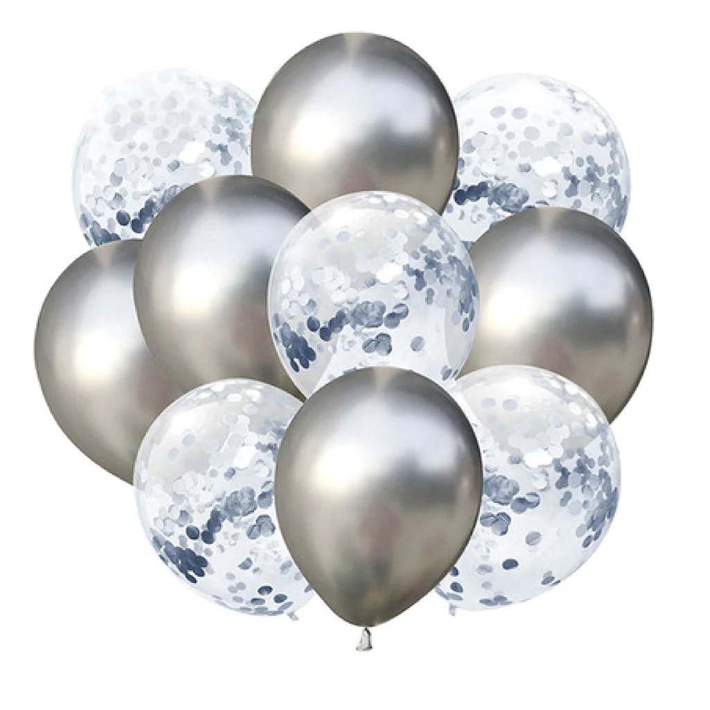 Balony zestaw 10 szt. srebrne konfetti na urodziny, wesele