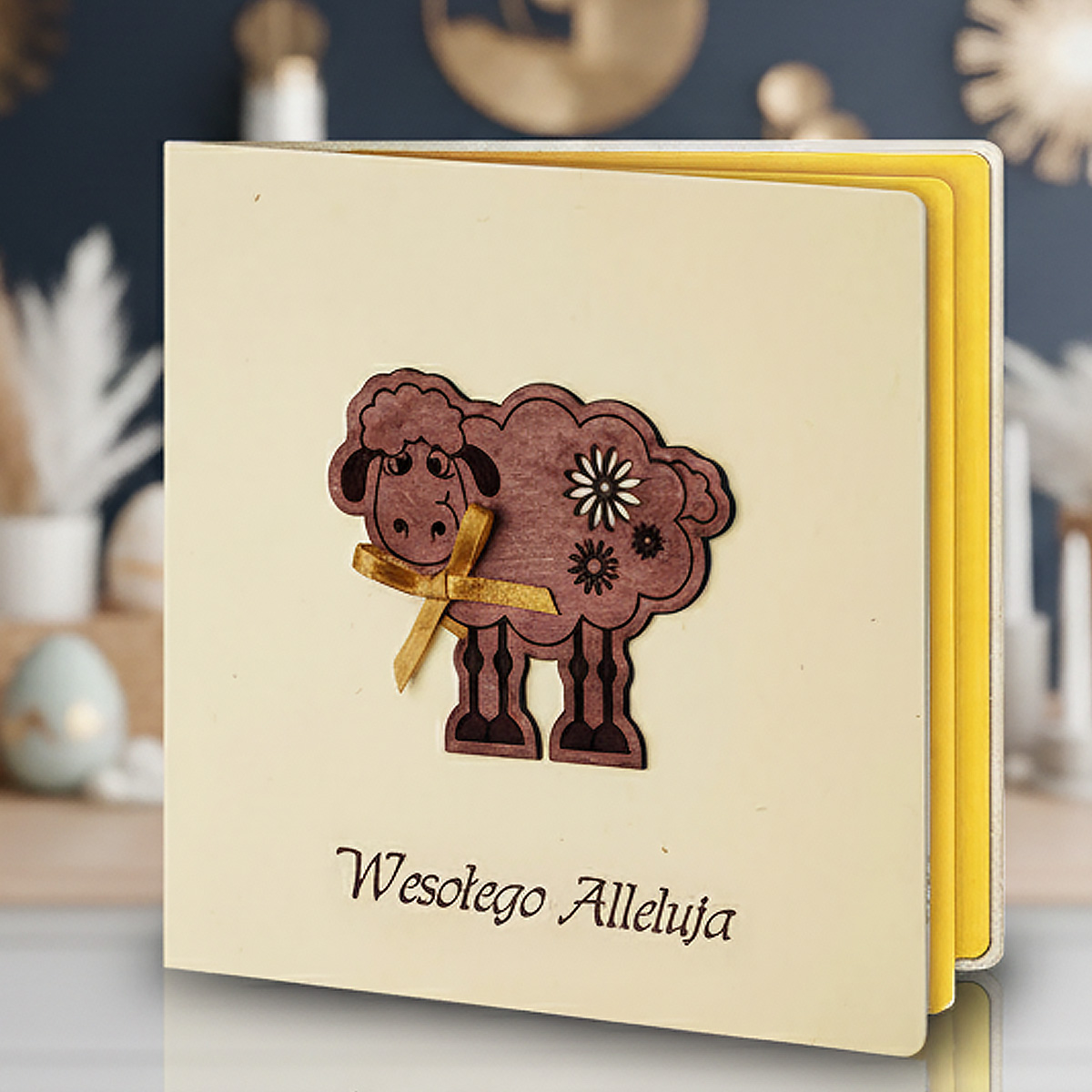 Kartka Wielkanocna z Drewnianą Aplikacją Zestaw 5 szt z życzeniami + wkładki do wypisania gratis!