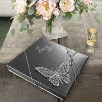 Zaproszenia ślubne F1013 W pudełku, papier metalizowany, srebrny motylek