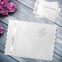 Zaproszenia ślubne F1035tb Papier perłowy, srebrzenie, tłoczenie wykończone białą folią, składane w harmonijkę
