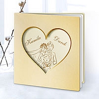 Zaproszenia ślubne F1195 2w1 ślub i chrzest, papier metalizowany, złocona ramka serce