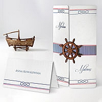 Zaproszenia ślubne F1208 W stylu marynarskim, papier fakturowany, banderola z drewnianą aplikacją