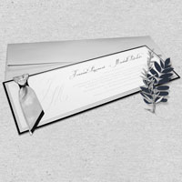 Zaproszenia ślubne F50669 Jednokartkowe, atłasowy krawacik ze srebrnym kryształkiem