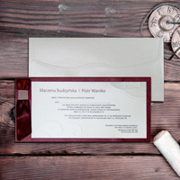 Zaproszenia ślubne F5393 Metalizowany papier, atłasowa wstążka, srebrzenie, tłoczenie