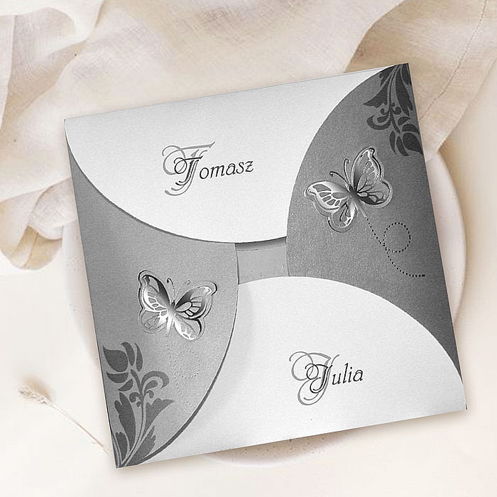 Zaproszenia ślubne B100008 Papier metalizowany, srebrzenie, wycięte motylki,