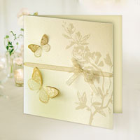 Zaproszenia ślubne B109011 Papier metalizowany, wycięte motyle zdobione złoceniem